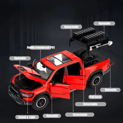 1:32 Dodge RAM Mammoth Pickup Truck off Road Alloy Toy Car Model Sound & Light Pull Back Collection Gift for Boys Children Kid