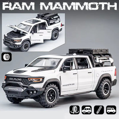1:32 Dodge RAM Mammoth Pickup Truck off Road Alloy Toy Car Model Sound & Light Pull Back Collection Gift for Boys Children Kid
