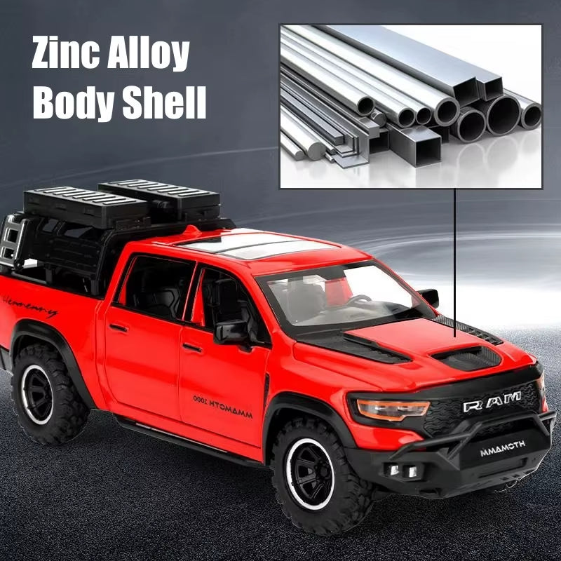 1:32 Dodge RAM Mammoth Pickup Truck off Road Alloy Toy Car Model Sound & Light Pull Back Collection Gift for Boys Children Kid