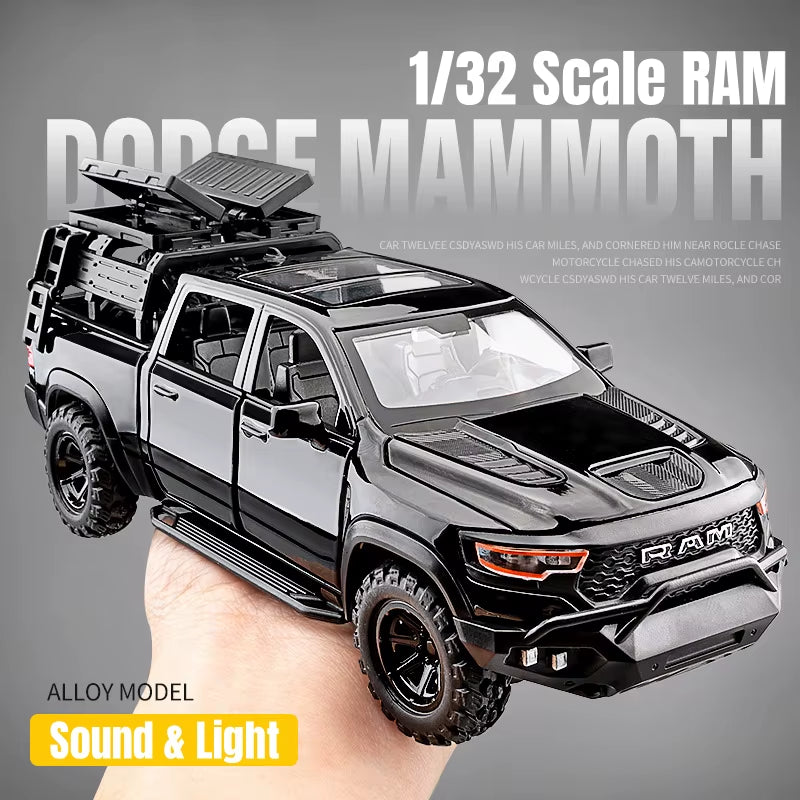 1:32 Dodge RAM Mammoth Pickup Truck off Road Alloy Toy Car Model Sound & Light Pull Back Collection Gift for Boys Children Kid