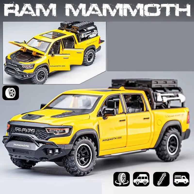 1:32 Dodge RAM Mammoth Pickup Truck off Road Alloy Toy Car Model Sound & Light Pull Back Collection Gift for Boys Children Kid