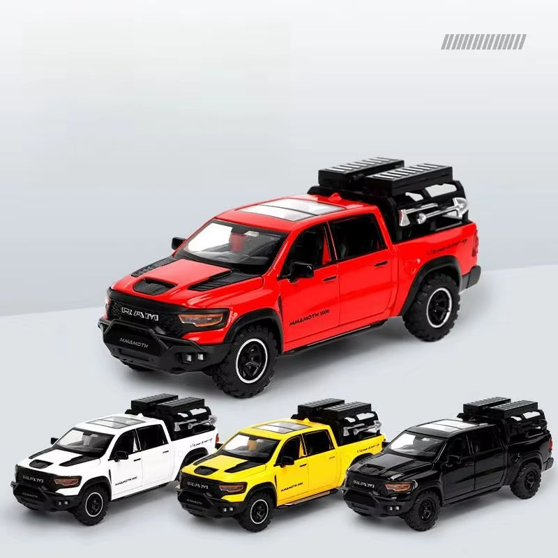1:32 Dodge RAM Mammoth Pickup Truck off Road Alloy Toy Car Model Sound & Light Pull Back Collection Gift for Boys Children Kid