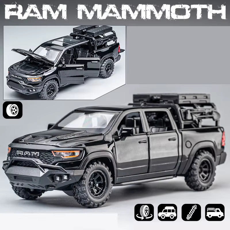1:32 Dodge RAM Mammoth Pickup Truck off Road Alloy Toy Car Model Sound & Light Pull Back Collection Gift for Boys Children Kid